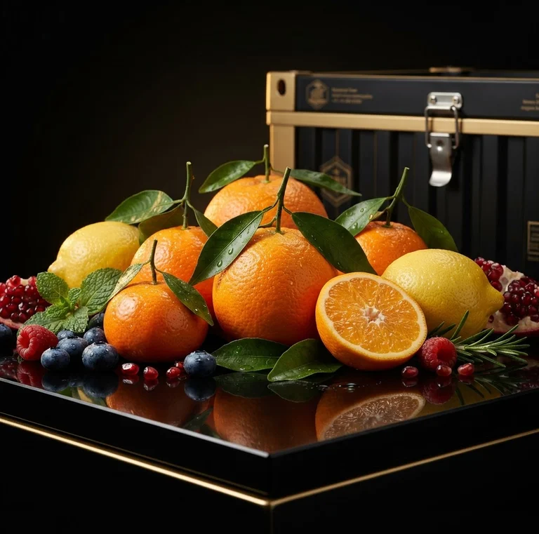 Dramatic studio lighting on premium export citrus fruits and fresh agricultural produce arranged on a polished black surface with subtle warm gold rim light