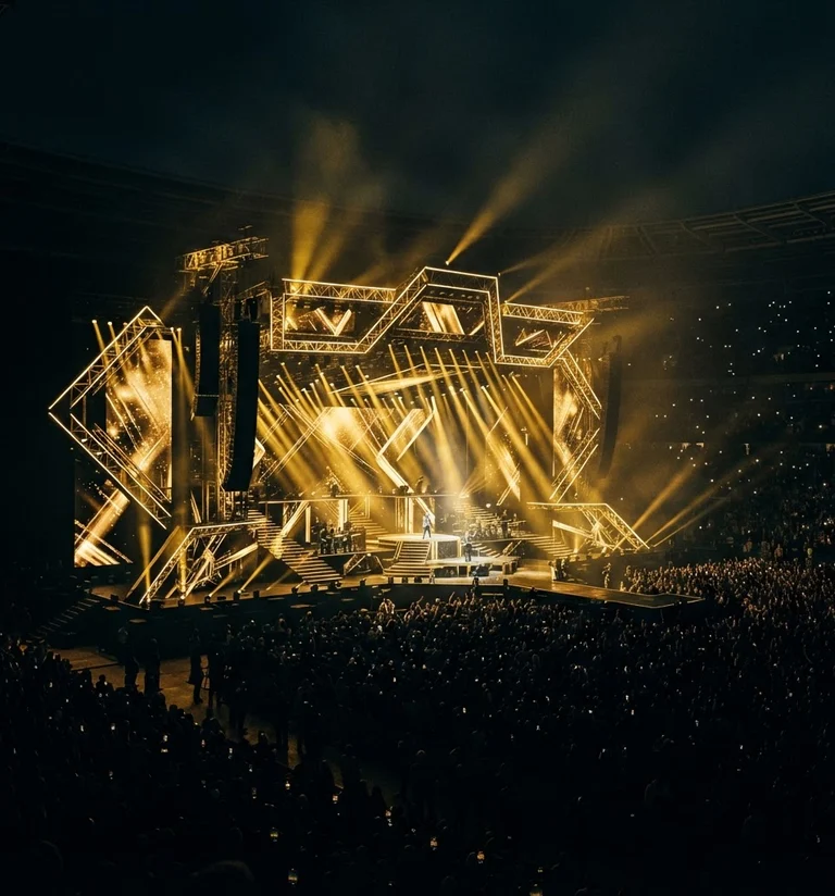 Dramatic wide-angle view of a monumental concert stage illuminated with gold architectural beam lights against a moody black stadium environment