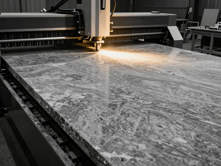 Industrial waterjet cutting machine processing a large slab of grey marble in a modern stone fabrication facility
