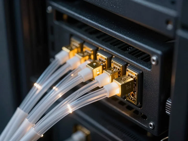 Macro shot of glowing fiber optic cables routed through a dark structured server rack, gold accents on connectors, high-contrast industrial precision.
