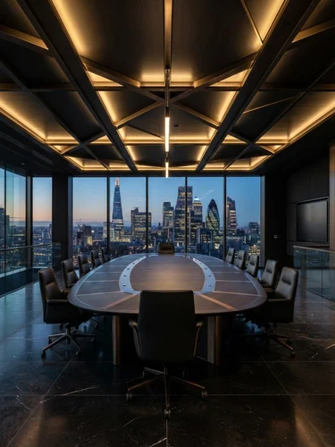 Low-angle architectural shot of a dark executive boardroom in a global financial hub at twilight, warm gold light accenting sleek dark interior surfaces and geometric structural lines