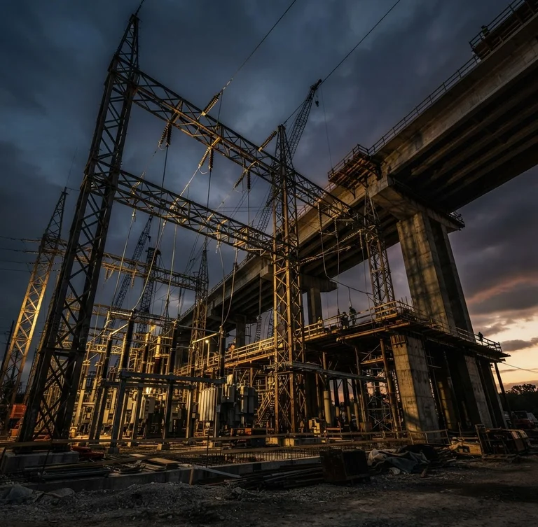 Low-angle architectural shot of a monumental steel electrical substation and concrete bridge framework under construction at dusk, edge-lit with gold highlights against a dark atmospheric sky