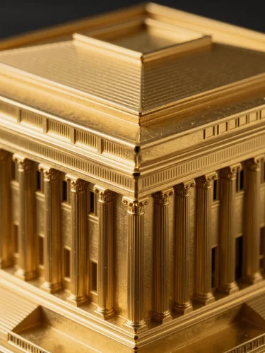 Extreme close-up of a gold-plated architectural model with precise structural lines, dramatic side lighting, high contrast