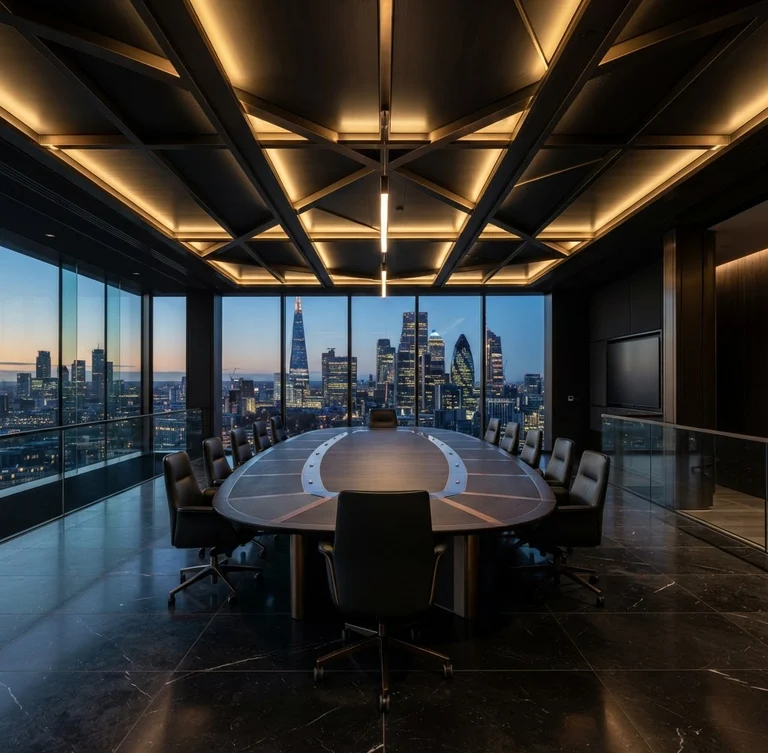 Low-angle architectural shot of a dark executive boardroom in a global financial hub at twilight, warm gold light accenting sleek dark interior surfaces and geometric structural lines