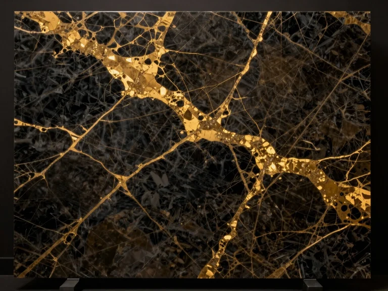 Close-up macro detail of polished dark gold and black marble slab with rich illuminated veins on a dark reflective backdrop