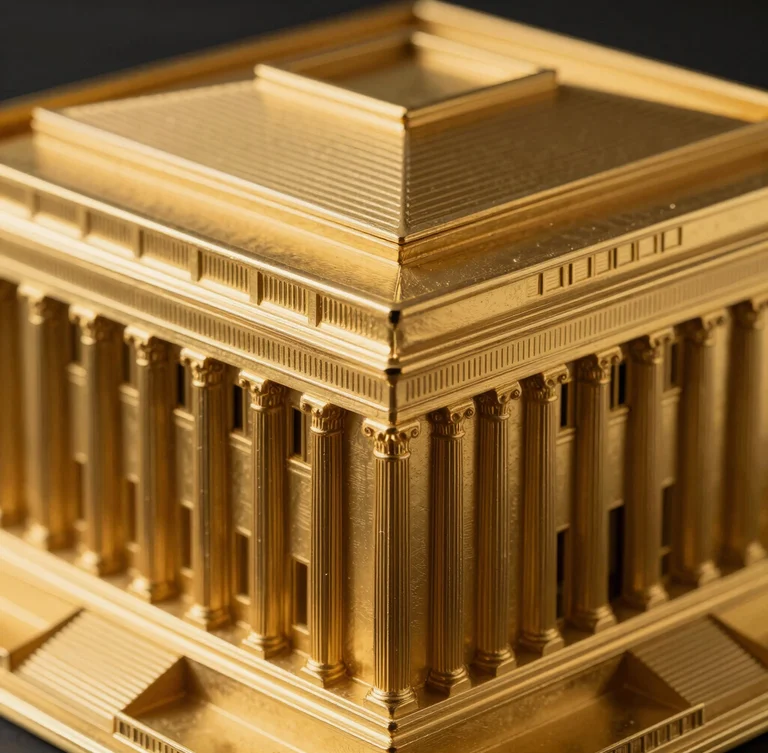 Extreme close-up of a gold-plated architectural model with precise structural lines, dramatic side lighting, high contrast