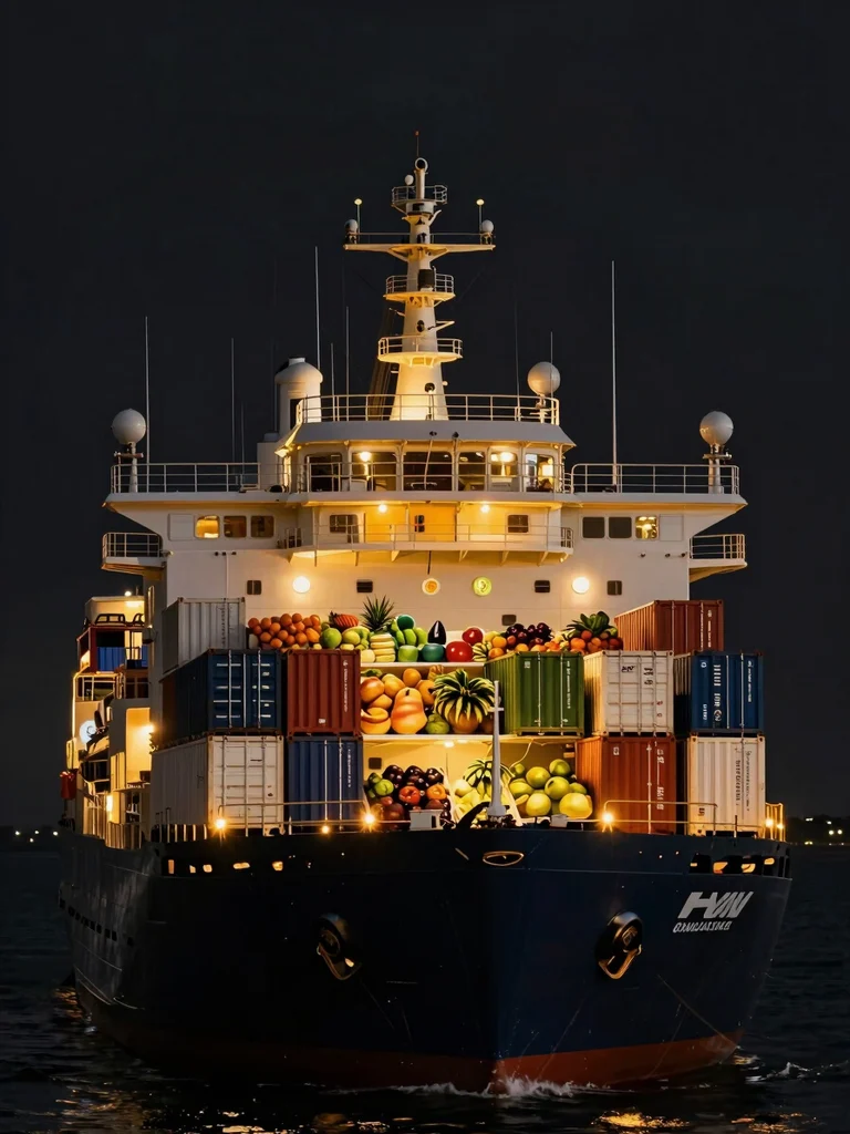 Sleek temperature-controlled export shipping vessel at dusk with warm golden navigational lighting, black atmospheric water background