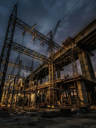Low-angle architectural shot of a monumental steel electrical substation and concrete bridge framework under construction at dusk, edge-lit with gold highlights against a dark atmospheric sky