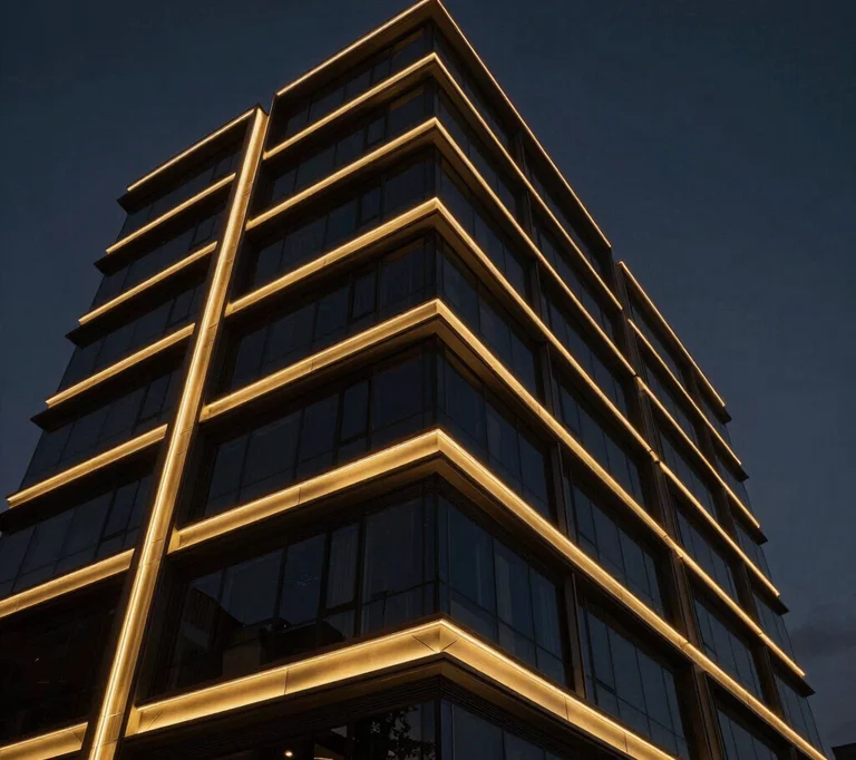 Dramatic low-angle view of a modern building facade illuminated by precise gold architectural linear luminaires, dark moody twilight sky