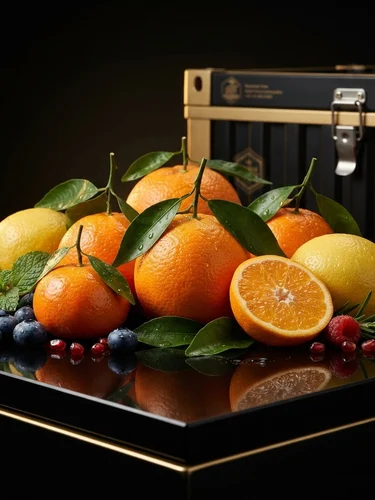 Dramatic studio lighting on premium export citrus fruits and fresh agricultural produce arranged on a polished black surface with subtle warm gold rim light