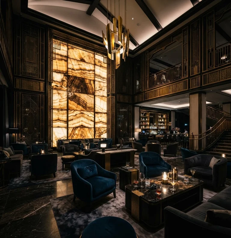 Dramatic architectural interior of a luxury hotel grand lounge with backlit onyx panels, gold architectural accents, and high-end modern seating under dark moody lighting