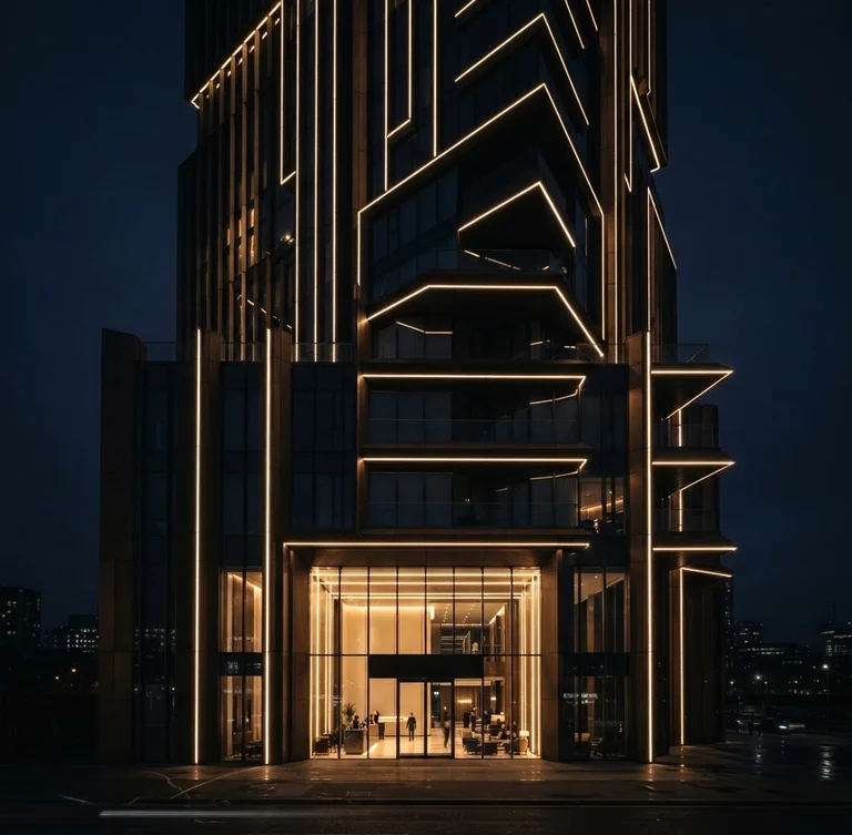 Sleek architectural LED lighting installation in a modern luxury building façade, dark moody evening atmosphere with precision warm gold light lines