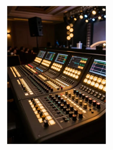 Close-up of high-end event sound lighting console and stage production controls in a dark venue with warm golden spotlight reflections