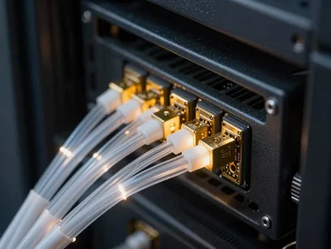 Macro shot of glowing fiber optic cables routed through a dark structured server rack, gold accents on connectors, high-contrast industrial precision.